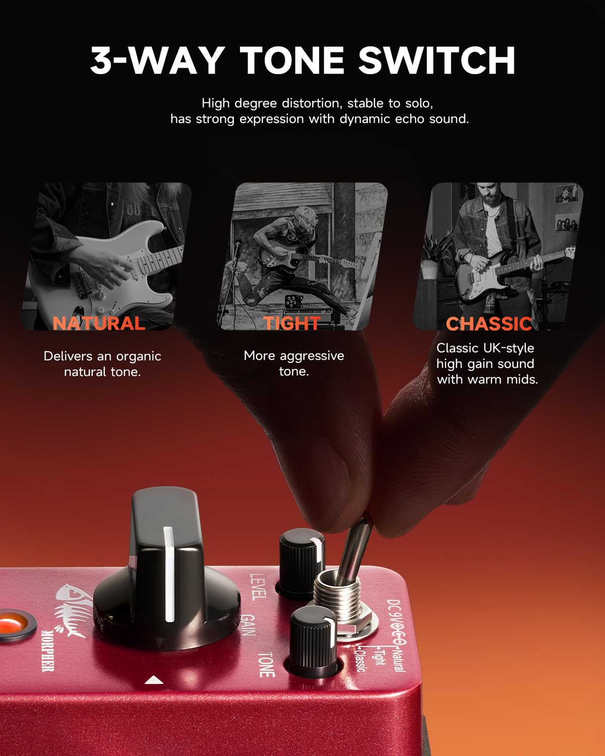 Donner Distortion Guitar Pedal, Morpher Mini Distortion 3 Modes Natural, Tight, Classic Crunch 80s Metal for Electric Guitar Tru